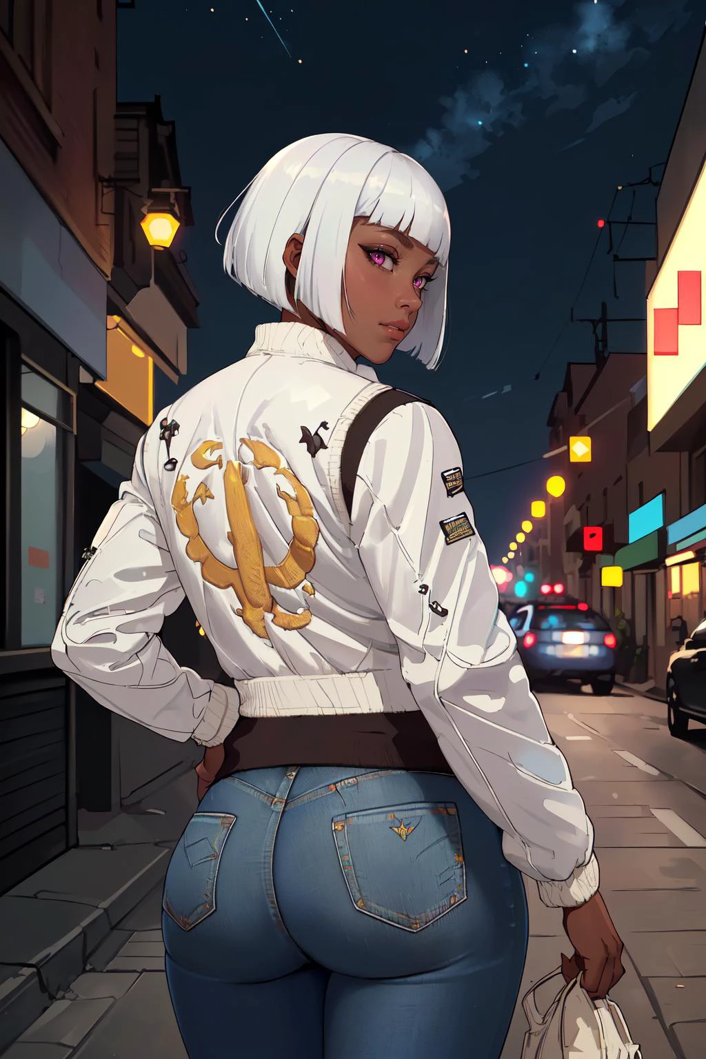 (masterpiece,best quality,absurdres,beautiful,sharp,detailed),night sky,street,modern city,bokeh,cowboy show,from behind,jeans,1girl,solo,dark-skinned female,(print jacket, white jacket),looking back,bob cut,blunt bangs,white hair <lora:drivejacket-outfit-richy-v1:0.8>
