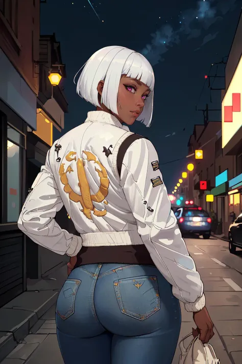 (masterpiece,best quality,absurdres,beautiful,sharp,detailed),night sky,street,modern city,bokeh,cowboy show,from behind,jeans,1girl,solo,dark-skinned female,(print jacket, white jacket),looking back,bob cut,blunt bangs,white hair  <lora:drivejacket-outfit-richy-v1:0.8>