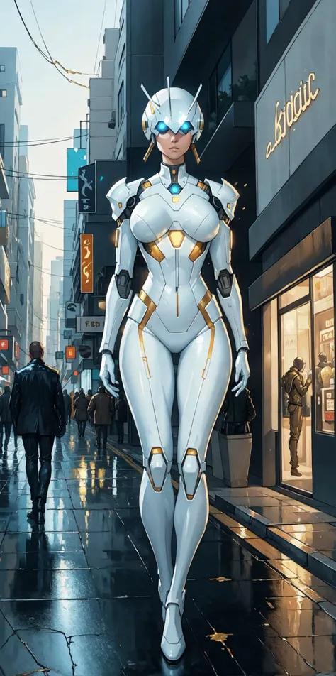 oil painting of an android made of reflective chrome and kintsugi cracked white porcelain beautiful lighting background busy street sidewalk bustling with humans