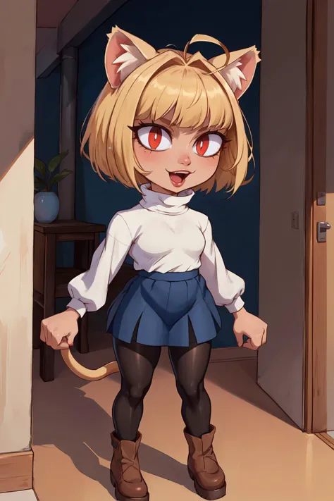 (masterpiece,best quality,absurdres,beautiful,aesthetic,detailed),1girl,cowboy shot,white turtleneck, blue skirt, pleated skirt, brown footwear, pantyhose, animal ears, cat ears, blonde hair, (slit pupils:1.3), :3, bangs, chibi, antenna hair, short hair, cat girl, :d <lora:necoarc:0.8> necoarc,