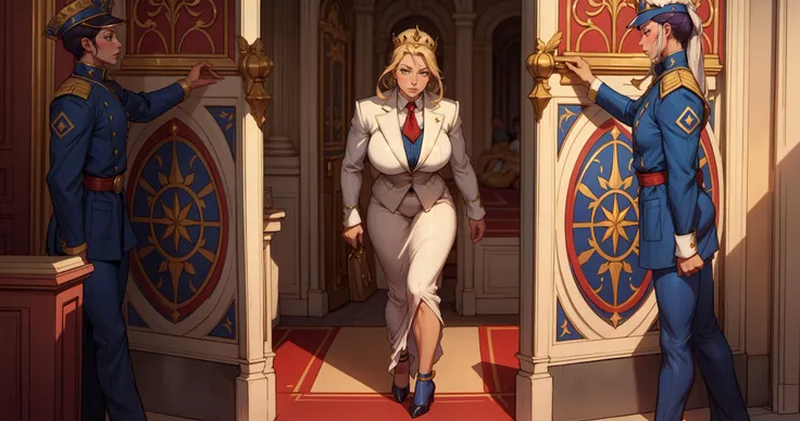 masterpiece, best quality, mature female, palace, queen entering the room, two guards on sides