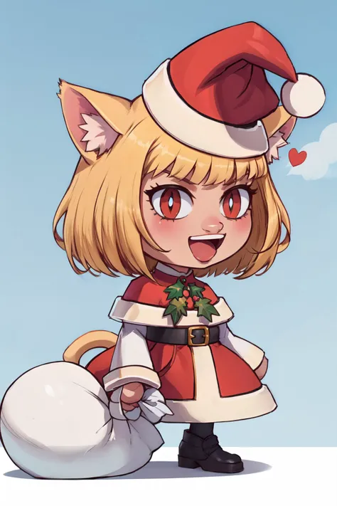 (masterpiece,best quality,absurdres,beautiful,aesthetic,detailed),1girl,holding sack,chibi,:d,santa hat , <lora:padoru_meme:1> padoru meme, necoarc,animal ears, cat ears, blonde hair, slit pupils:1.3, bangs, short hair, cat girl, <lora:necoarc:0.8>