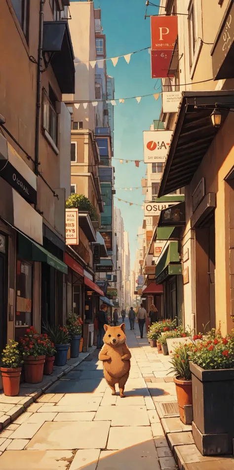 oil painting an adorable quokka taking a walk in a big city