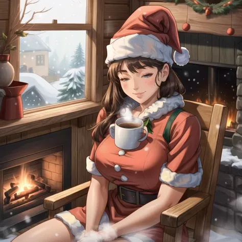 <lora:tooladd_detail:0.5>, 1girl, santa costume, inside wooden log cabin, night time, sitting in big comfy chair in front of fireplace next to a big window white it is snowing outside, holding steaming mug, wearing (Santa hat:1.2), smiling, blushing, half-closed eyes,