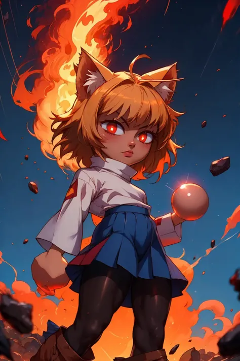 (masterpiece,best quality,absurdres,beautiful,aesthetic,detailed),dynamic pose,1girl, animal ears, cat ears, blonde hair, (slit pupils:1.2), bangs, antenna hair, short hair, cat girl,blue skirt, pleated skirt, brown footwear, pantyhose,white turtleneck,:3,chibi <lora:necoarc:0.8> necoarc, red aura,red energy,floating debris,explosion,fire <lora:r1ge - AnimeRage:0.85> r1ge