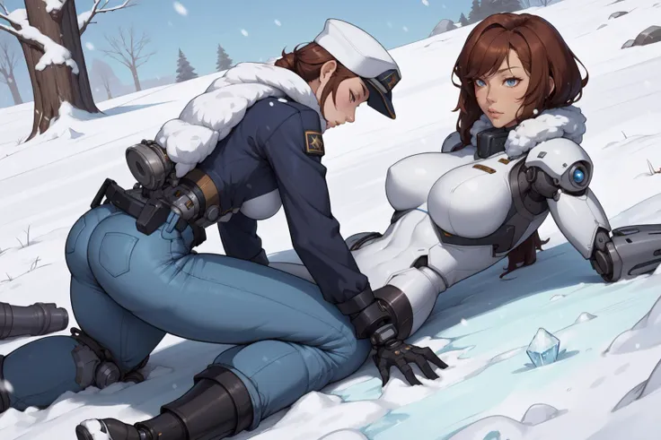 masterpiece,  best quality,  1lady,  mecha musume,  cyborg,  mechanical parts,  mature female,  woman in military uniform on floor. pants,  prone,  cap,  ice,  snow,  from angle,  