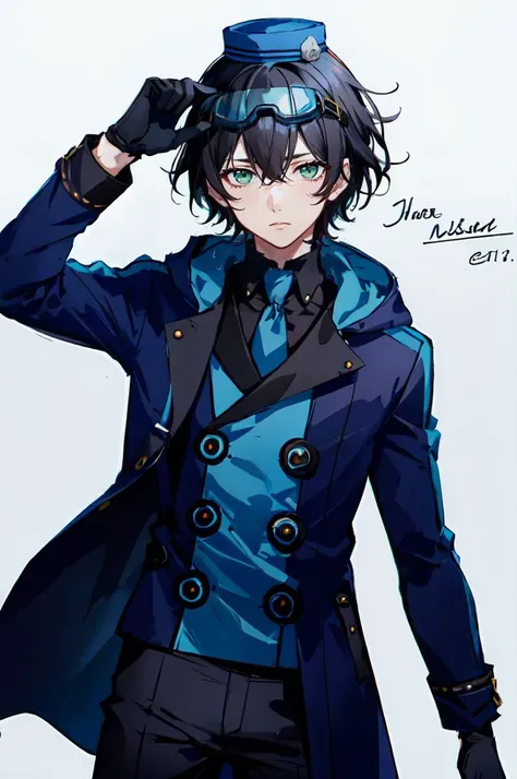 ultra detailed, masterpiece, best quality,
solo,
cowboy shot,
facing viewer,
<lora:Velvet-Room-M-Outfit_Fp:0.7> velvetmoutfit, gloves, hat,
1boy, green eyes, short hair, black hair, bangs, hair between eyes, messy hair,
goggles on head, hooded coat, hood down, turtleneck,