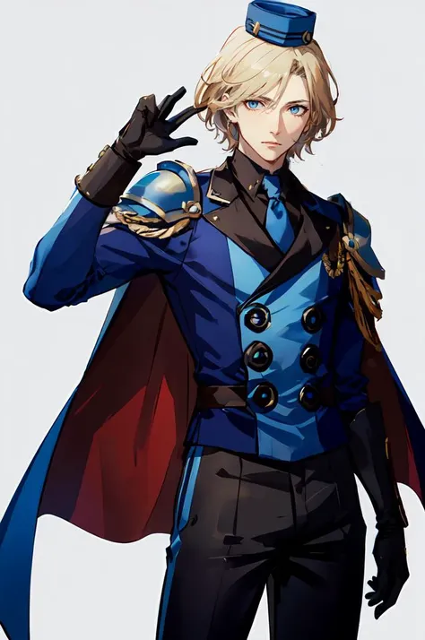 ultra detailed, masterpiece, best quality,
solo,
cowboy shot,
facing viewer,
<lora:Velvet-Room-M-Outfit_Fp:0.7> velvetmoutfit, gloves, hat,
1boy, blue eyes, medium blonde hair, parted bangs, hair intakes, male focus,
armor, pauldrons, cuirass, gauntlets, waist cape, greaves, black bodysuit, surcoat, shoulder sash, wing shoulder armor, cape, pants,