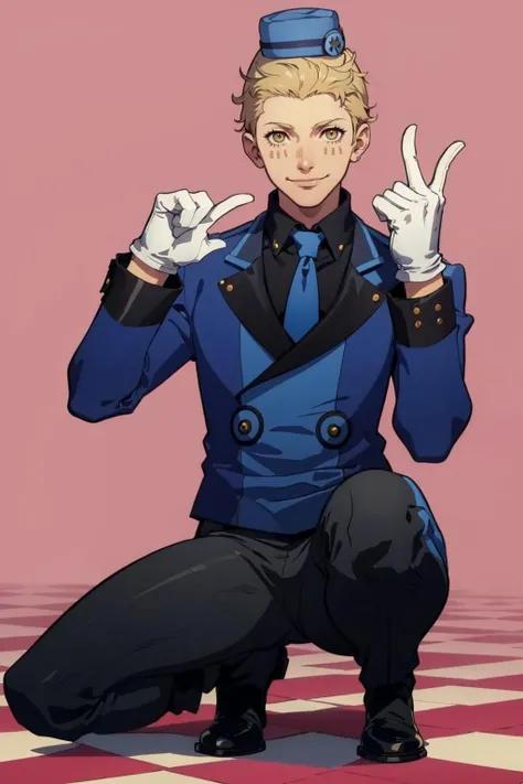 masterpiece, best quality, solo, 1boy, smile, looking at viewer, <lora:Velvet-Room-M-Outfit_Fp:1>, velvetmoutfit, white gloves, hat, <lora:Mark:1> markp1, adjusting clothes,