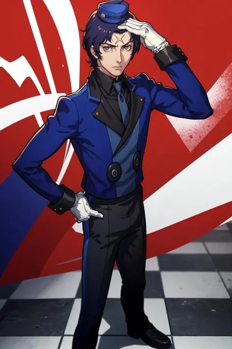 masterpiece, best quality, solo, 1boy, looking at viewer, <lora:Velvet-Room-M-Outfit_Fp:1>, velvetmoutfit, white gloves, hat, <lora:Reiji:1> reijip1, scar, hand on hip, standing,