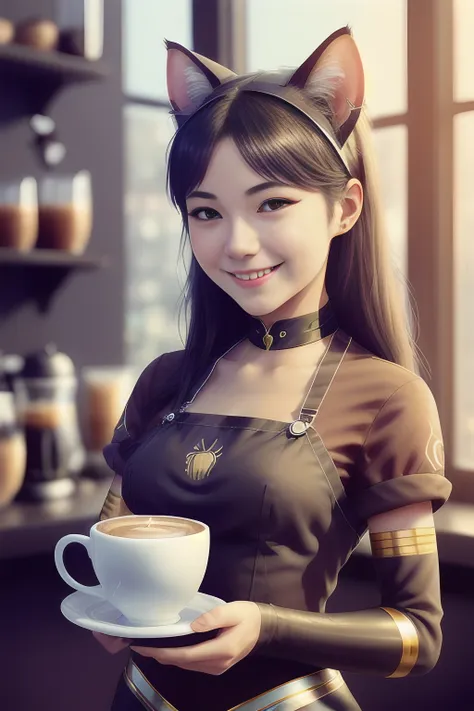 A beautiful (catgirl) barista smiling as she served a cup of coffee, cinematic, by Artgerm and rossdraws and wlop, realistic, 64k, trending on artstation, masterpiece, best quality