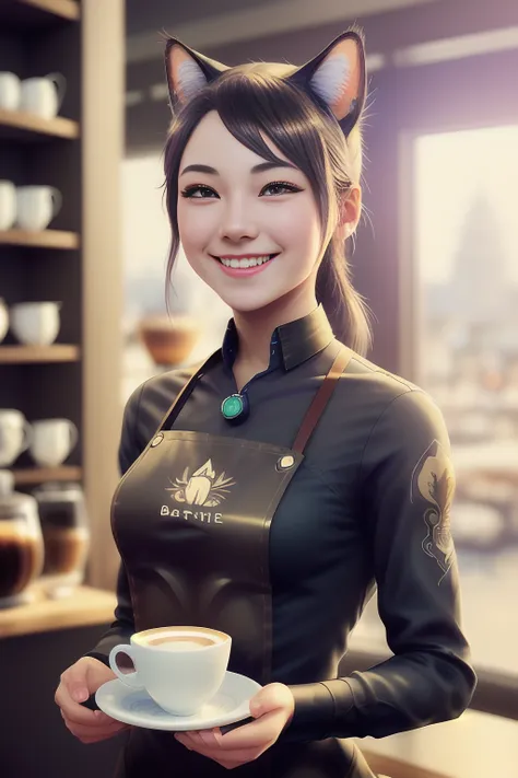 A beautiful (catgirl) barista smiling as she served a cup of coffee, cinematic, by Artgerm and rossdraws and wlop, realistic, 64k, trending on artstation, masterpiece, best quality