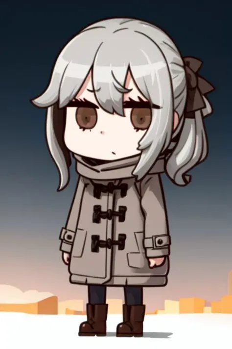 <lora:riyo_(lyomsnpmp)_style_v01:1> 1girl, grey hair, low tied sidelocks, brown eyes, duffel coat, outdoors