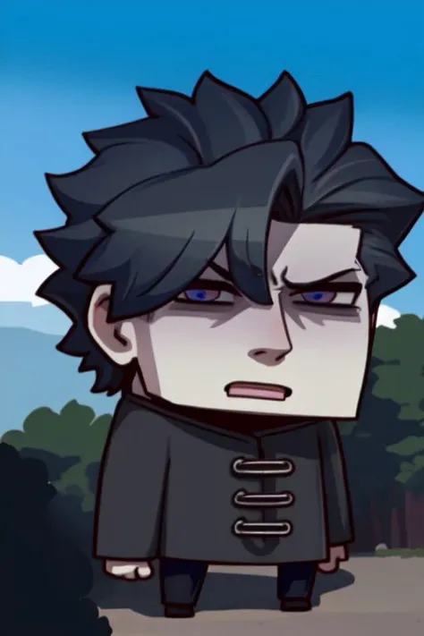 <lora:riyo_(lyomsnpmp)_style_v01:1> 1boy, disgusted, dark blue hair, low-fade, dark grey eyes, outdoors