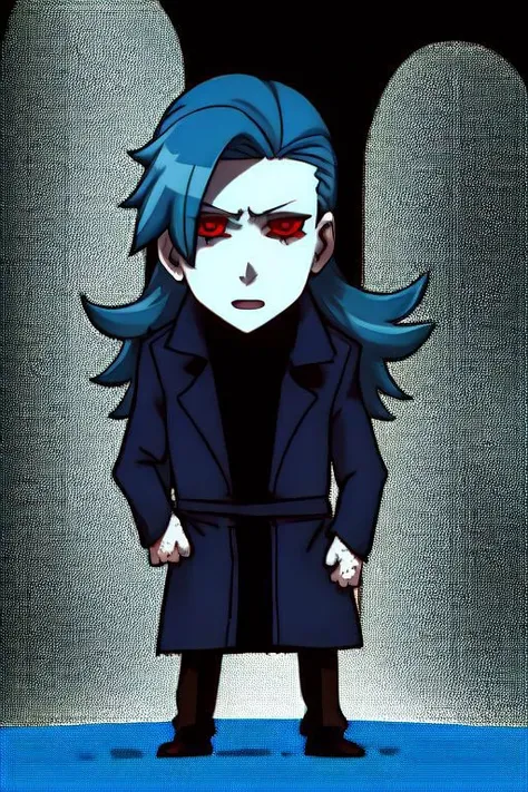 <lora:riyo_(lyomsnpmp)_style_v01:1> 1boy, fear, blue hair, straight hair, red eyes, outdoors