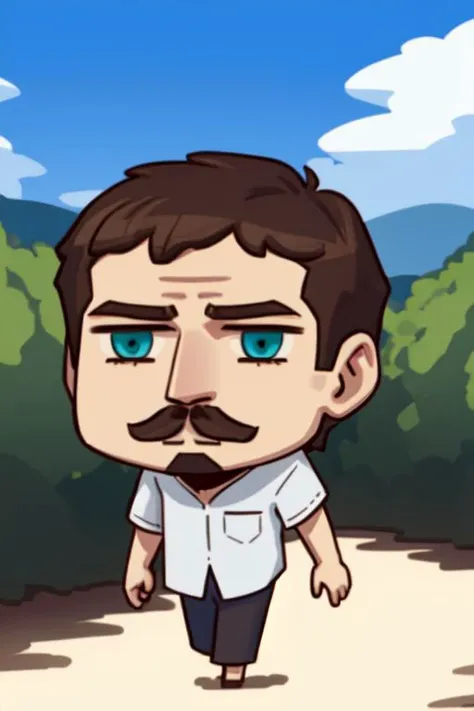 <lora:riyo_(lyomsnpmp)_style_v01:1> 1boy, curious, dark brown hair, short mustache, aqua eyes, outdoors