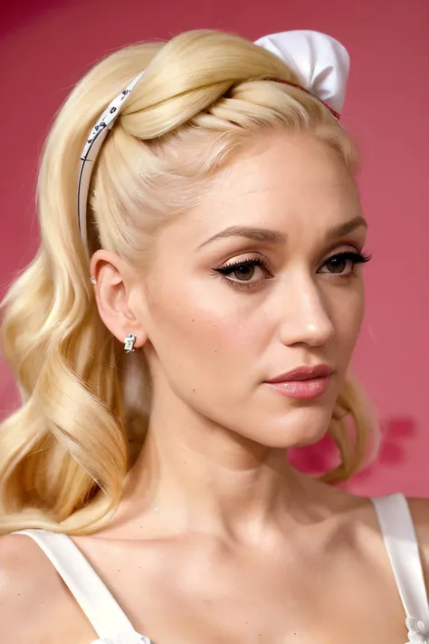 an upclose photo of gwenSt1 wearing a milk maid dress, (red milk maid dress), (upright pin curl hairstyle), (blonde hair), (kitchen background), elegant, highly detailed. vibrant, photorealistic, realistic, sharp focus, 8k