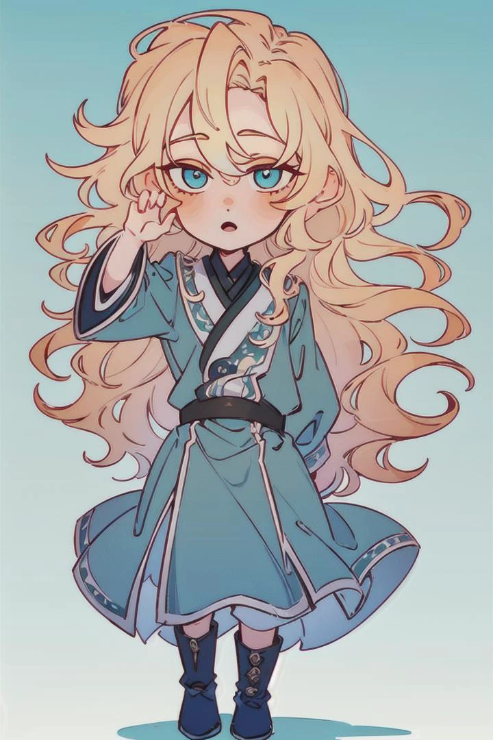 1boy, (Highest picture quality), (Master's work), (ultra-detailed), (Detailed eye description:1.2), (masterpiece, best quality, highres), solo,full body, <lora:test_little_papapa:1>, IRIAStyle, chibi, <lora:Ye-Liming:0.8> yeliming, blonde hair, wave hair, turquoise eyes
