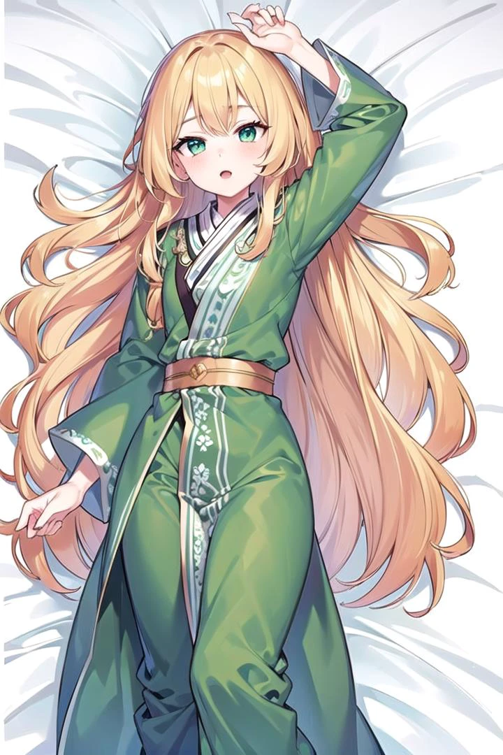 (Highest picture quality), (Master's work), (ultra-detailed), (Detailed eye description:1.2), masterpiece, best quality, 1girl, <lora:Dakimakura:1>, dakimakura, on back, on bed, full body, green clothes, <lora:Ye-Liming:0.8> yeliming, blonde hair, wave hair, turquoise eyes