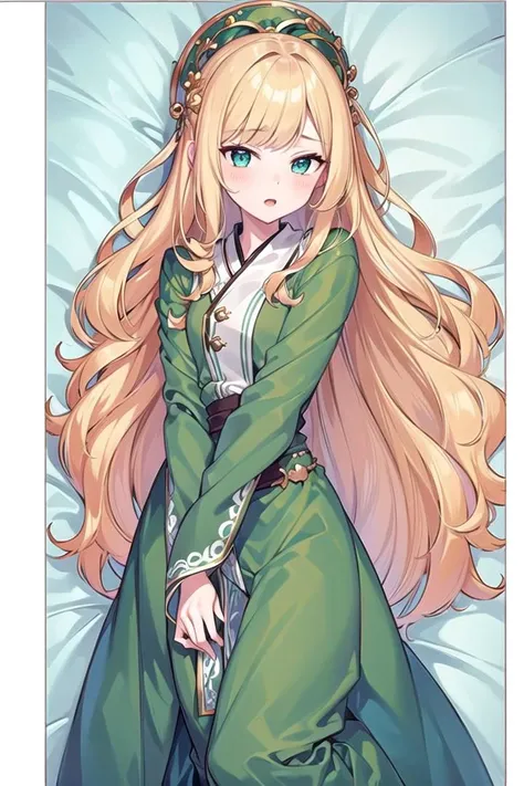 (Highest picture quality), (Master's work), (ultra-detailed), (Detailed eye description:1.2), masterpiece, best quality, 1girl, <lora:Dakimakura:1>, dakimakura, on back, on bed, full body, green clothes, <lora:Ye-Liming:0.8> yeliming, blonde hair, wave hair, turquoise eyes