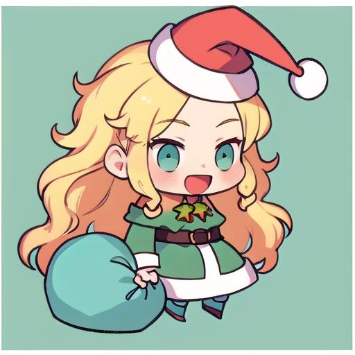 Highly detailed, High Quality, Masterpiece, beautiful, <lora:PadoruMeme:0.8> PadoruMeme, 1boy, sack, holding sack, :d, santa, santa hat, <lora:Ye-Liming:0.8> yeliming, blonde hair, long hair, wave hair, turquoise eyes