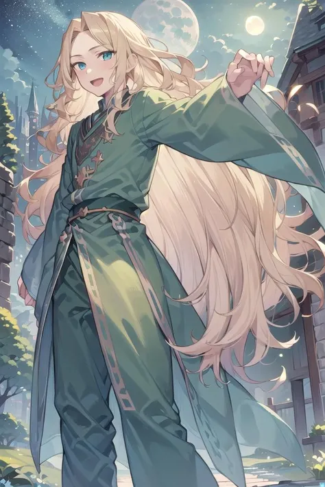 masterpiece, best quality, detailed, illustration, (1boy:1.3), solo, blonde hair,wave hair, long hair, turquoise eyes, :D, green clothes, fantasy, night sky, outdoors, moon, stars, clouds, wind, perspective, castle, tree, <lora:Ye-Liming:1>
