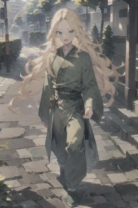 (Highest picture quality), (Master's work), (ultra-detailed), (Detailed eye description:1.2), masterpiece,best quality,extremely delicate and beautiful,beautiful detailed eyes and face, (masterpiece:1.4),(best quality:1.4), hanfu, <lora:GoodHands-beta2:0.8>,, (1boy:1.5), solo, blonde hair,wave hair, long hair, turquoise eyes, :D, green clothes, road, paving stones, sunny day, walking along the road, <lora:Ye-Liming:1>