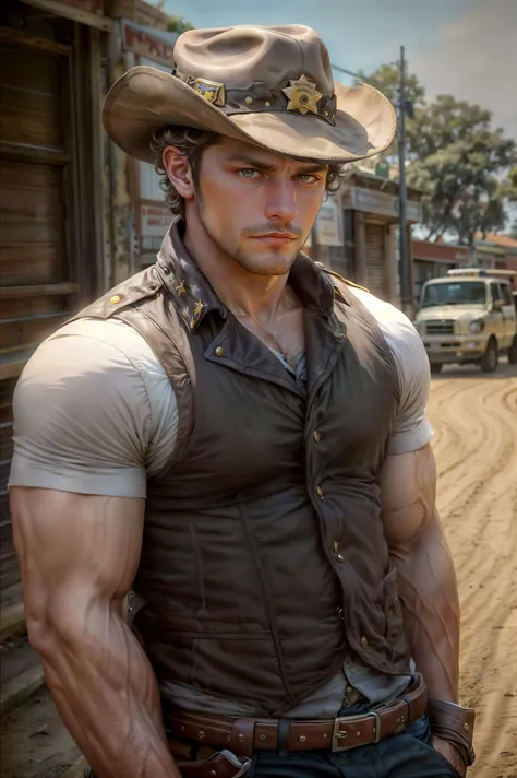 cowboy shot, sc_brandon as a sheriff of a small town, (wearing sheriff uniform and badge), cattleman hat, scruffy, beige vest, serious facial expression, (still from a movie), tense, dramatic, atmospheric, cinematic, (looking away),
(masterpiece), top quality, photorealistic, hyperrealism, absurdres, tack sharp, subsurface scattering, intricate details, 8k, HDR, 35mm, professional photography, RAW,
<lora:sc_brandon_v1-rugged:1> <lora:breakrealize:1> <lora:add_detail:0.3>