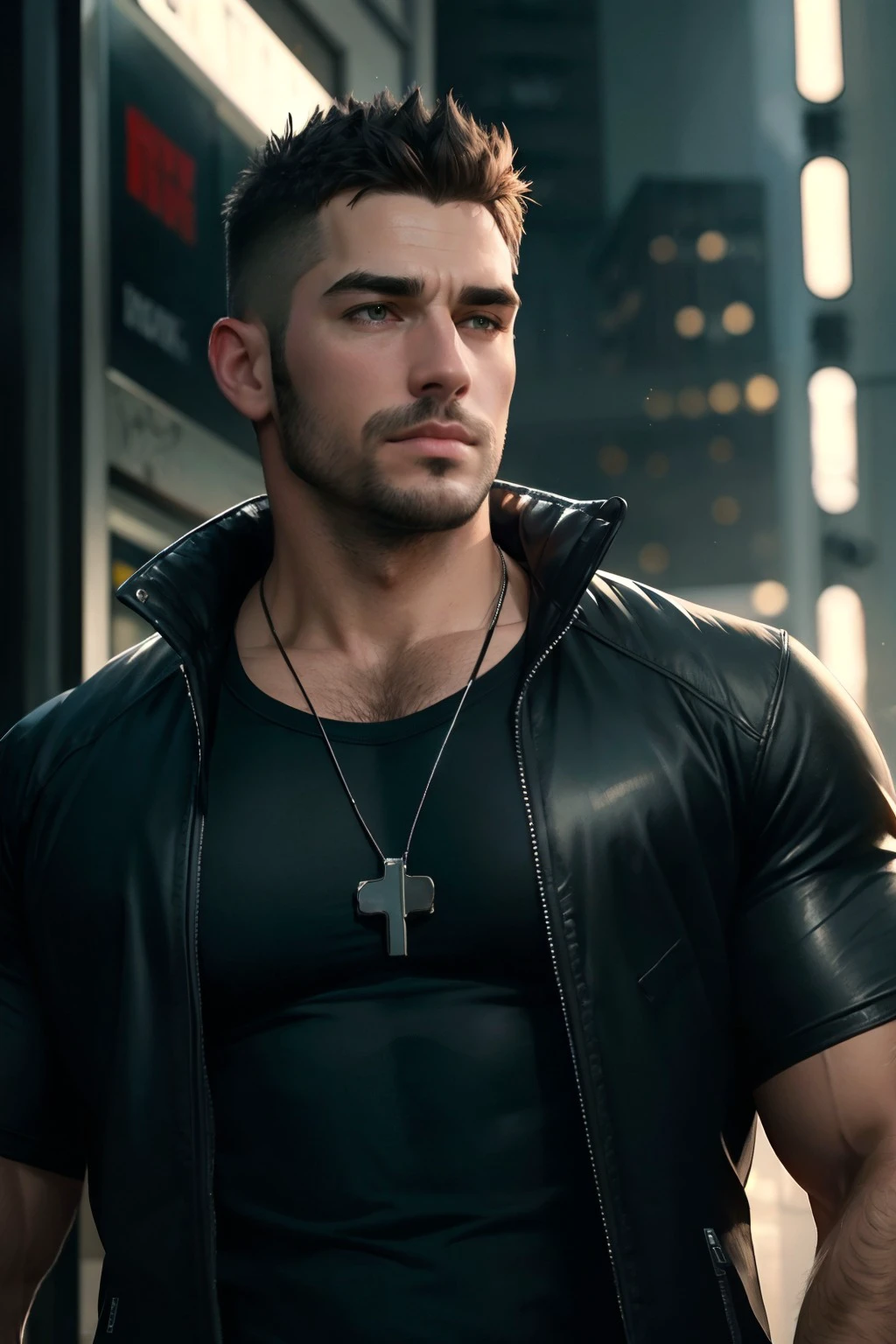 masterpiece,best quality,1male,SFW,heavily muscled,greying hair,40 years old,short hair,stubble,mid-age,big nose,body hair,chest hair,(heavy eyebrows:0.8),thick arms,wearing cyberpunk attire,necklace,Black jacket,Black T-shirt,looking to the side,from below,volumetric lighting,medium shot,