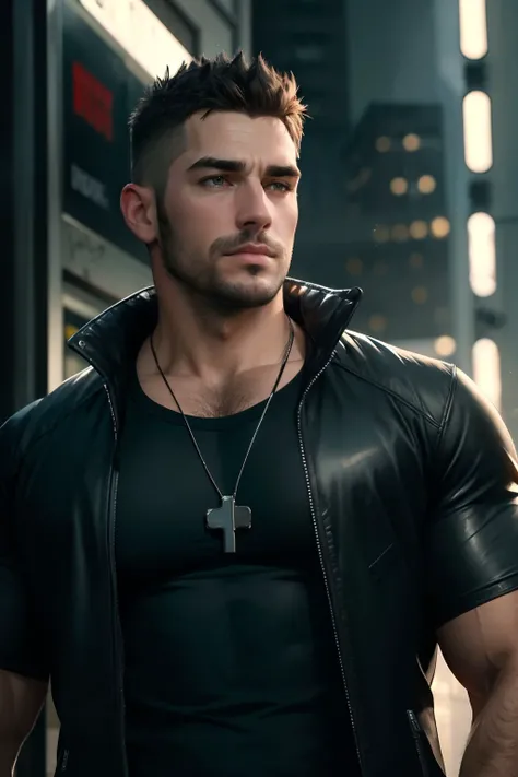 masterpiece,best quality,1male,SFW,heavily muscled,greying hair,40 years old,short hair,stubble,mid-age,big nose,body hair,chest hair,(heavy eyebrows:0.8),thick arms,wearing cyberpunk attire,necklace,Black jacket,Black T-shirt,looking to the side,from below,volumetric lighting,medium shot,