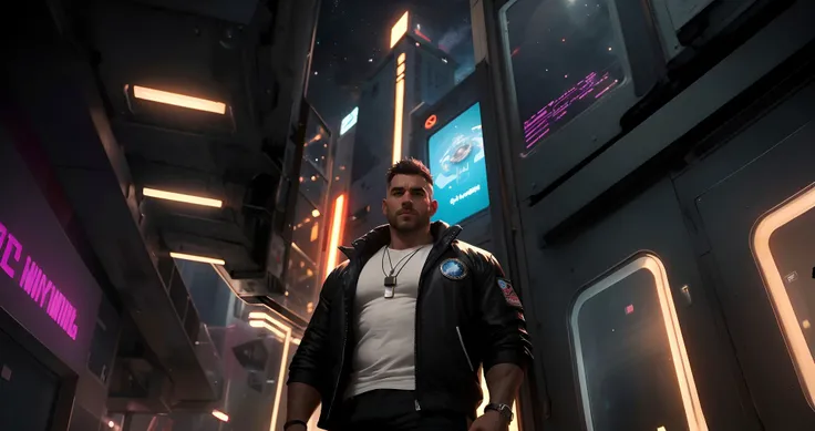 masterpiece,best quality,1male,SFW,heavily muscled,greying hair,40 years old,short hair,stubble,mid-age,big nose,body hair,chest hair,(heavy eyebrows:0.8),thick arms,wearing cyberpunk attire,necklace,black neon oversized jacket,white T-shirt,space station,looking to the side,from below,volumetric lighting,medium shot,