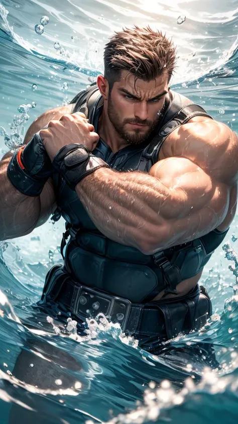 Realismo,(Obra maestra),mejor calidad,super definicion,8k,detalles intrincados,1 hombre encadenado en la profundidaes del oceano,intentando escapar,ahogandose,luchando con todas sus fuerzas,fondo azul oscuro,rodeado de peses y vida marina,hombre rudo con cicatrises por todo el cuerpo.