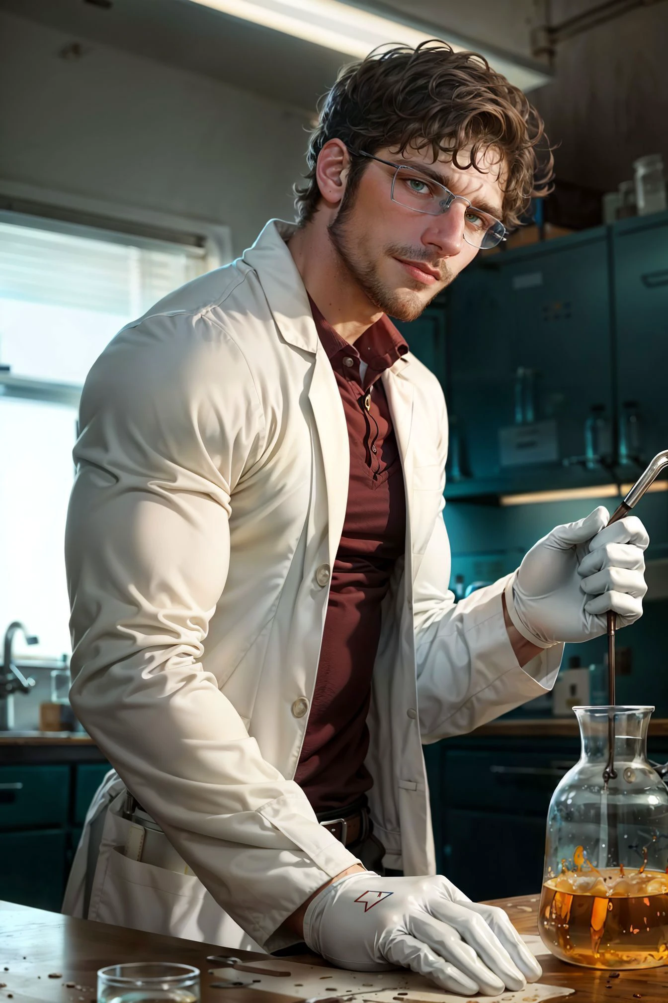 cowboy shot, sc_brandon as a scientist, biochemical laboratory, (wearing lab coat with long sleeves, polo shirt, white latex gloves), scruffy, messy hair, (still from a movie), dramatic, atmospheric, cinematic, (looking away), beakers and laboratory equipments, white sterile environment,
(masterpiece), top quality, photorealistic, hyperrealism, absurdres, tack sharp, subsurface scattering, 8k, HDR, 35mm, professional photography, RAW,
fcDetailPortrait <lora:sc_brandon_v1-rugged:1> <lora:beard_slider_v10:3> <lora:add_detail:0.3> <lora:zoom_slider_v1:0>