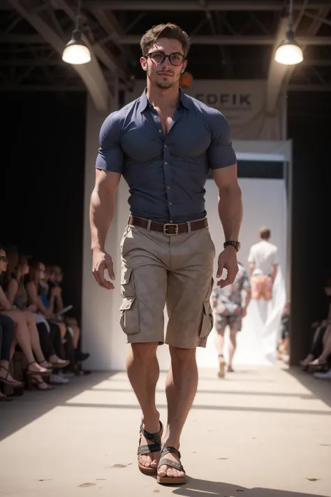 (handsome man wearing glasses), (walking down fashion runway), wearing printed bohemian shirt, cargo shorts, leather sandals, round sunglasses, full body, brown hair, facial hair, (GS-Masculine:.4), fashion photography, fashion lighting,