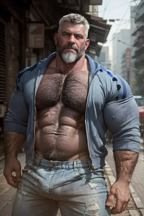 destroyed jeans, photo of muscular bearded middle aged (man:1.20) in a worn (skin-revealing skimpy erotic blue tracksuit), ((open clothes)), (massive hairy pecs:1.30), hairy abs, big arms, large bulge, silver hair, (light bokeh:1.10), intricate, (steel metal (rust:0.91):1.10), elegant, erotic, exuding sexual energy, looking at viewer, homoerotic, sharp focus, photo by greg rutkowski, soft lighting, vibrant colors, (masterpiece:1.30), absurdres, (streets:1.21), (detailed face:1.20) (detailed eyes:1.20) <lora:bulgerk-dickprint:0.8> <lora:add_detail:0.4>