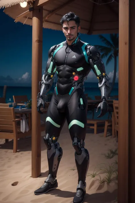(handsome man), beach resort, wearing Pouch jockstraps, black hair, facial hair, (GS-Masculine:.4), masterpiece, highres, best quality, wearing performance thermal top, (cybernetic implants:1.2), full body