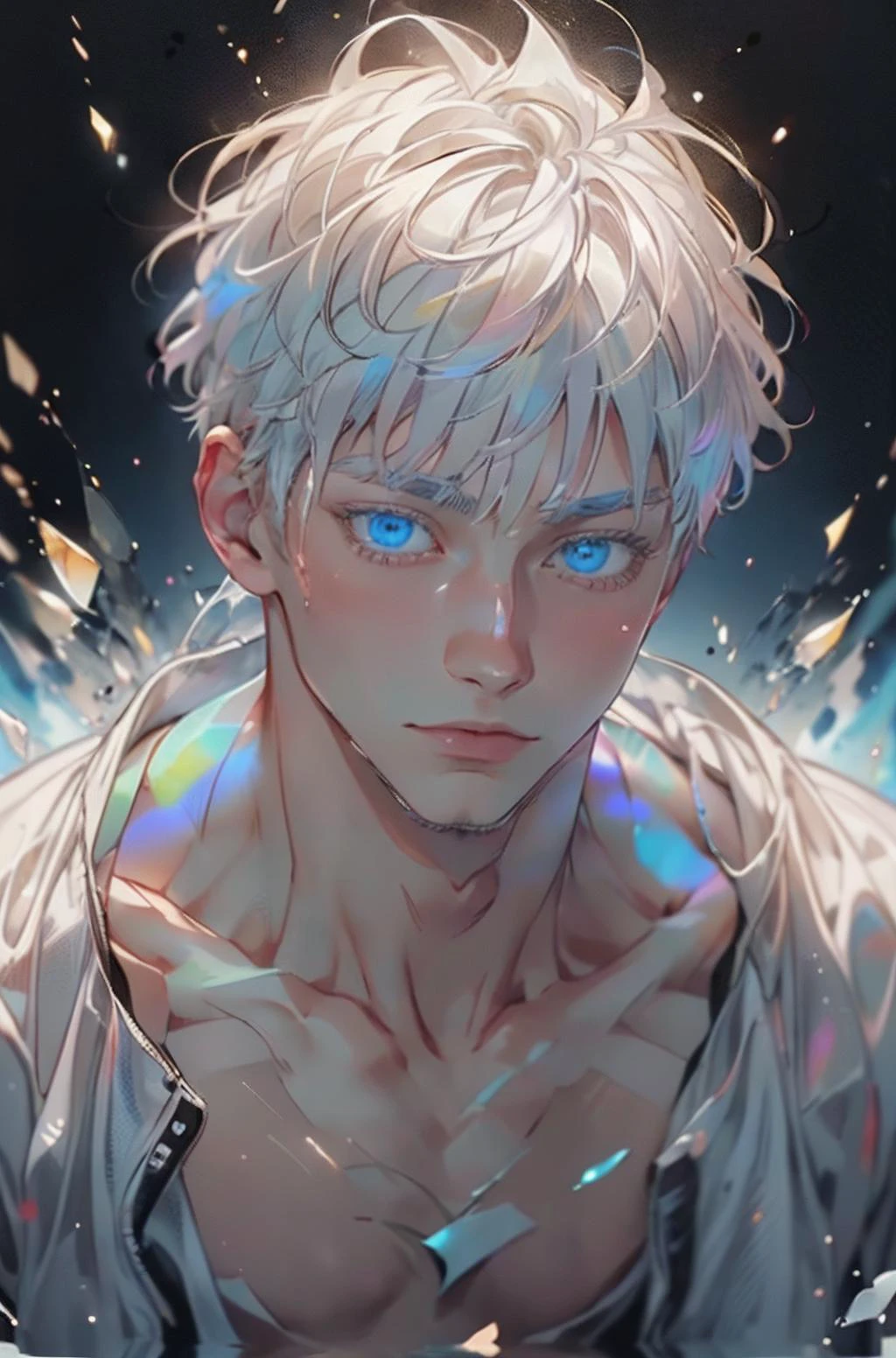 (handsome male:1.4),(male focus:1.4),muscle,<lora:mansatorugojo-10:1>,satoru gojo,white hair,short hair,hair between eyes,blue eyes,colored eyelashses,<lora:liuli2:1>,