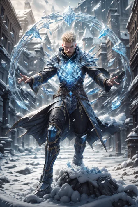 masterpiece, best quality, cinematic, natural lighting,insane detail, detailed background, professional photography,highres,dynamic pose,ice-flurry, snow,handsome face, facial hair,armor,hair,blonde,boots,magic, cryokinesis, dynamic pose, casting spell,black cloak, armorsuit,fighting stance,undercut,manly,upper body,magic circle