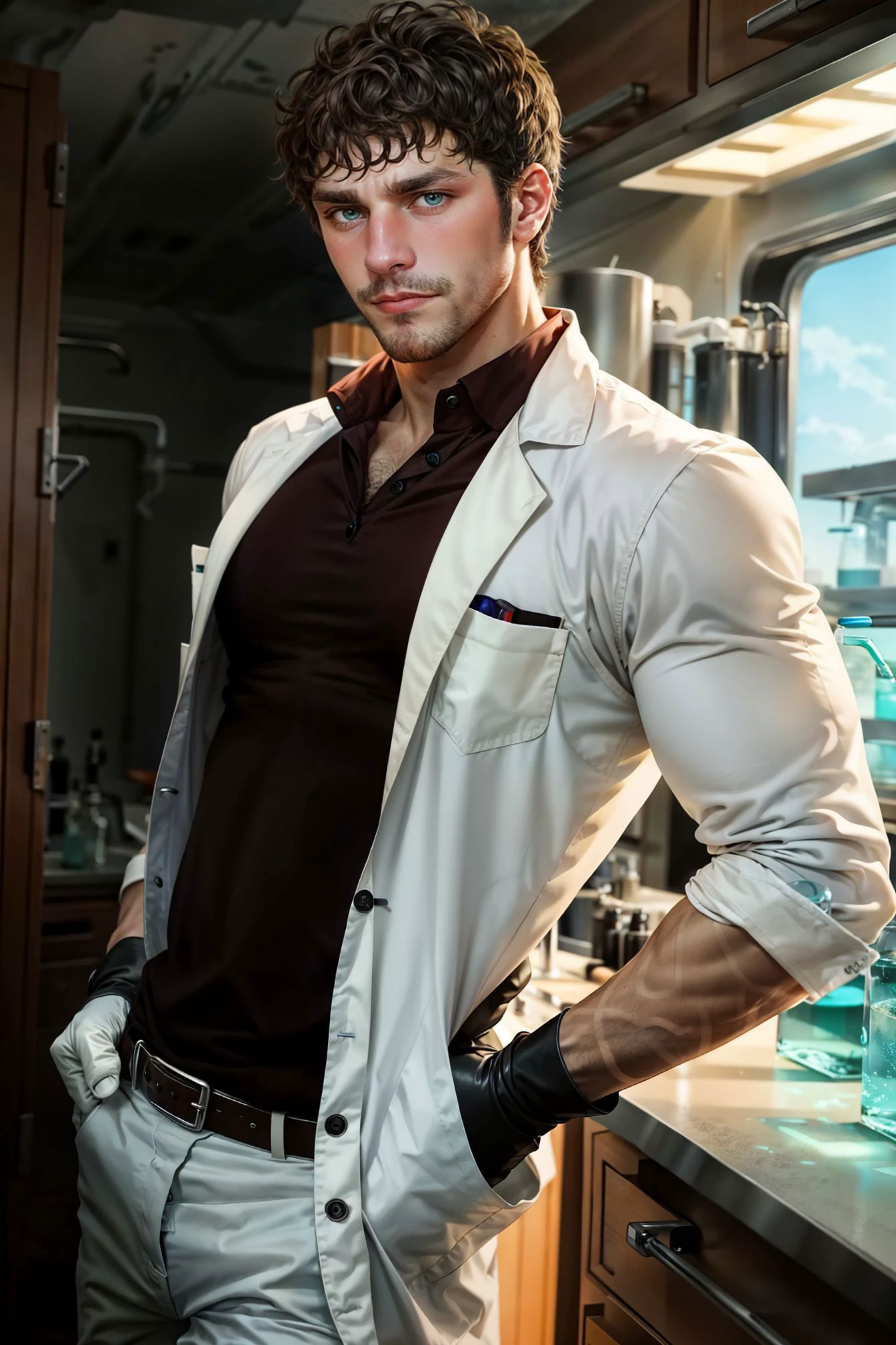 (from the front), cowboy shot, sc_brandon as a scientist, biochemical laboratory, hands inside pockets, (wearing lab coat with long sleeves, polo shirt, white latex gloves), scruffy, messy hair, (still from a movie), dramatic, atmospheric, cinematic, (looking away), beakers and laboratory equipments, white sterile environment,
(masterpiece), top quality, photorealistic, hyperrealism, absurdres, tack sharp, subsurface scattering, 8k, HDR, 35mm, professional photography, RAW,
fcDetailPortrait <lora:sc_brandon_v1-rugged:1> <lora:beard_slider_v10:3> <lora:add_detail:0.3> <lora:zoom_slider_v1:0>