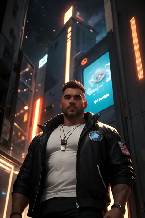 masterpiece,best quality,1male,SFW,heavily muscled,greying hair,40 years old,short hair,stubble,mid-age,big nose,body hair,chest hair,(heavy eyebrows:0.8),thick arms,wearing cyberpunk attire,necklace,black neon oversized jacket,white T-shirt,space station,looking to the side,from below,volumetric lighting,medium shot,