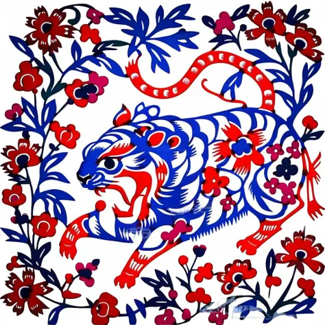 an image of blue and red tiger,trees,flowers, solid (white+++) background,SP_CN_PPC,colorful paper cutting<lora:0204_paper_cutting-checkpoint-5000:1.0>