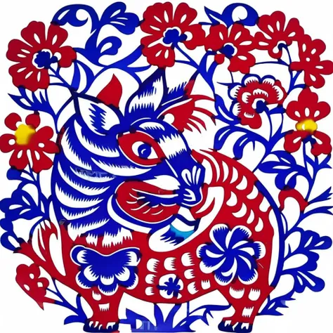 an image of blue and red tiger,trees,flowers, solid (white+++)  background,SP_CN_PPC,colorful paper cutting<lora:0204_paper_cutting-checkpoint-5000:1.0>