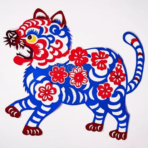 an image of blue and red tiger,trees,flowers, solid (white+++) background,SP_CN_PPC,colorful paper cutting<lora:0204_paper_cutting-checkpoint-5000:1.0>
