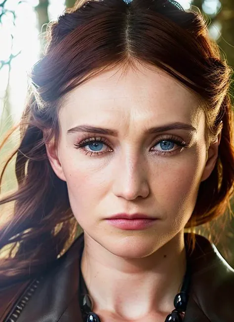 portrait of Carice van Houten, angry , wearing beaded , with silver Ponytail , background forest, epic (photo, studio lighting, hard light, sony a7, 50 mm, matte skin, pores, colors, hyperdetailed, hyperrealistic), <lyco:Carice van Houten:1.1>