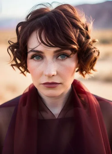 portrait of Carice van Houten, coy , wearing tulle , with red Asymmetrical haircut , background desert, epic (photo, studio lighting, hard light, sony a7, 50 mm, matte skin, pores, colors, hyperdetailed, hyperrealistic), <lyco:Carice van Houten:1.1>