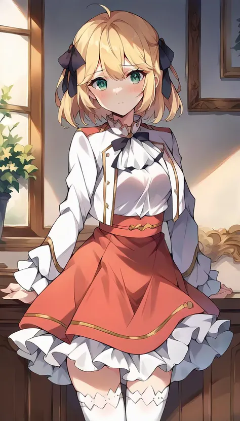 score_9, score_8_up, score_7_up, source_anime, masterpiece, 1girl, anisphia, white jacket, cropped jacket, white shirt, ascot, red skirt, frills, frilled skirt, white thighhighs, cowboy shot, looking at viewer,  blush,<lora:AnisphiaPONYXL:0.8>, indoors