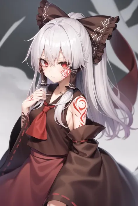 maga-reimu,tattoo, hakurei reimu, white hair, red eyes, <lora:ç¥¸çµæ¢¦:1>,multicolored hair, bow, black sclera,
