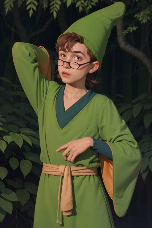 professional photo of presto, 1boy, green hat, cone hat, green robe, dark green chemise, round glasses, black glasses, detailed skin, detailed eyes, bouncer, photo made with Canon EOS in naturalistic style photography, forest background, popular on artstation, popular on deviantart, popular on flicker <lora:presto_dnd_V1:1:MIDD>