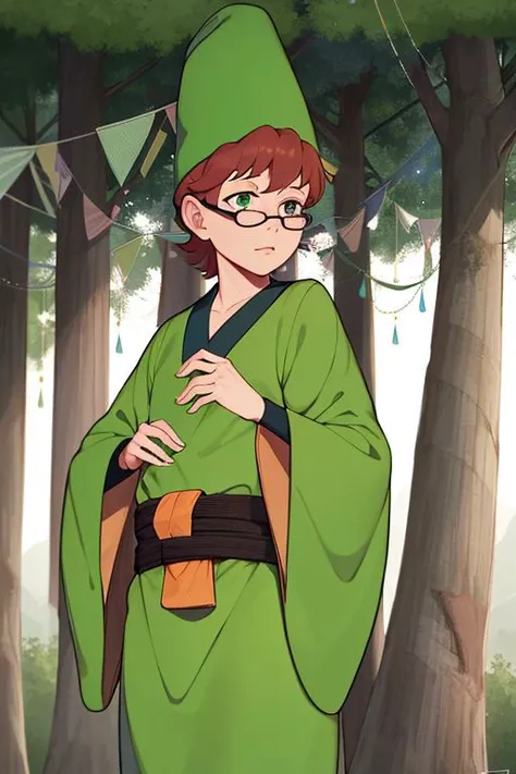 professional photo of presto, 1boy, green hat, cone hat, green robe, dark green chemise, round glasses, black glasses, detailed skin, detailed eyes, bouncer, photo made with Canon EOS in naturalistic style photography, forest background, popular on artstation, popular on deviantart, popular on flicker <lora:presto_dnd_V1:1:MIDD>