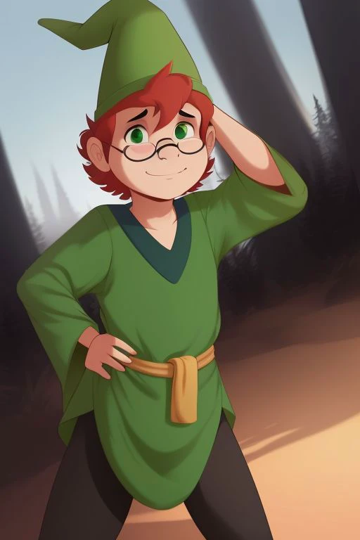 professional photo of presto, 1boy, green hat, cone hat, green robe, dark green chemise, round glasses, black glasses, detailed skin, detailed eyes, bouncer, photo made with Canon EOS in naturalistic style photography, forest background, popular on artstation, popular on deviantart, popular on flicker <lora:presto_dnd_V1:1:MIDD>